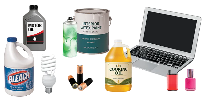 Collage of HHW items: used motor oil, bleach, paint, batteries, bulbs, cooking oil, electronics, personal care products
