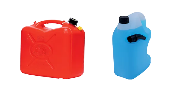 A gas can and jug of window cleaner liquid