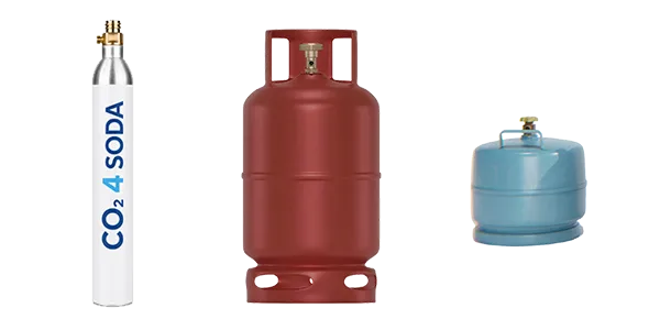 A soda pressurized cylinder, and two small propane and butane gas cylinders