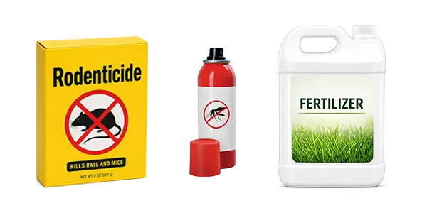 Rodent killer box, bug spray, and a fertilizer jug