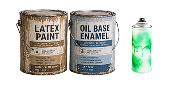 1 gallon cans of latex and oil-based paint and a spray paint can