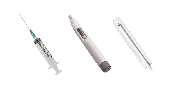 A needle, hypodermic pen, and lancet