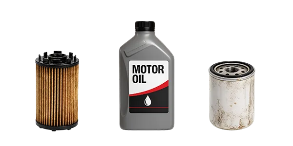 A car motor oil bottle, and a dirty spin-on and cartridge filter