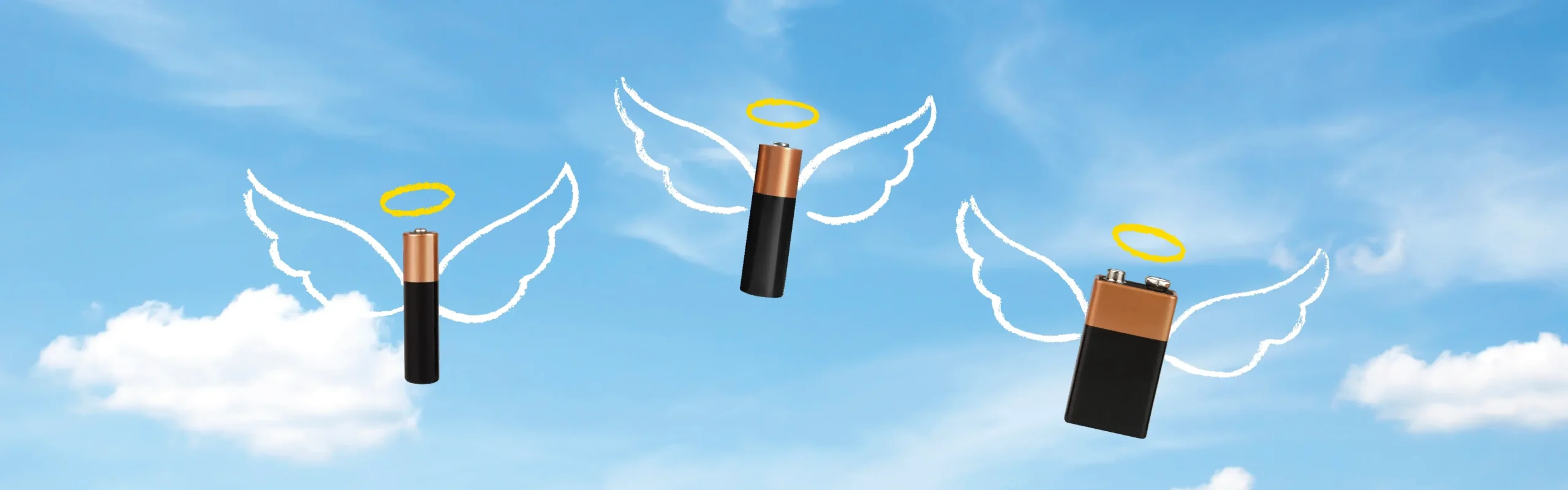 A drawing of angel-winged batteries flying in a blue sky